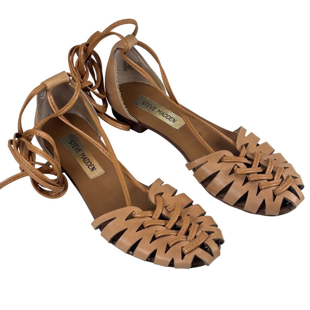 Steve Madden Huarache Fisherman Lace Up Flats 8.5 Tan Leather Woven Strappy Boho